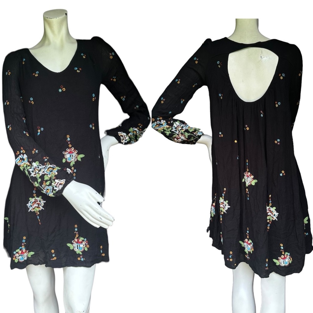 Free People Black Long Sleeve Floral Embroidered Keyhole Back Babydoll Dress